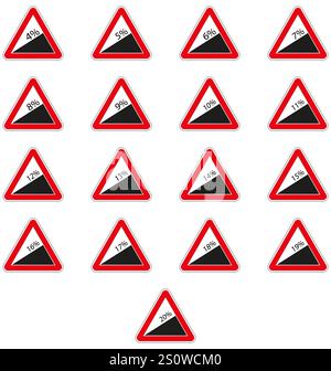 Collection of steep incline road signs displaying various percentage grades, informing drivers of upcoming challenging terrain. Stock Vector