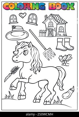 Adorable pony coloring page surrounded by farm-related elements, perfect for children's activity books. Stock Vector