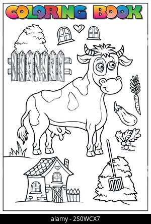 Coloring book page featuring a cute cow, barn, fence, hay, vegetables, and windows, perfect for kids' activities. Stock Vector