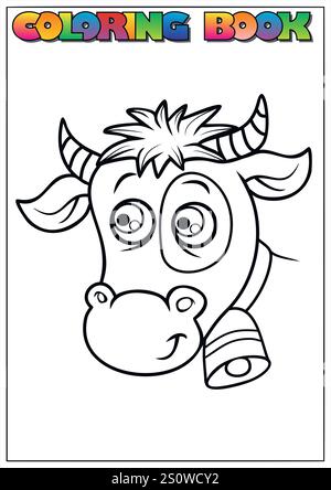 Adorable cow wearing a bell in a simple and cute style, perfect for a children's coloring book. Stock Vector