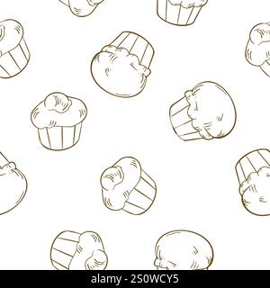 Brioche French buns black white vector seamless pattern isolated . Milk bread roll hand drawn monochrome linear. Butter sweet bun on repeated texture Stock Vector