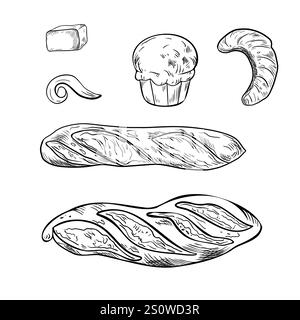 Brioche buns, baguette and croissant black white vector illustration on white. Assorted of French pastries and milk butter curl, piece in monochrome Stock Vector