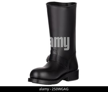 Black Leather Boot with Metal Buckle Stock Photo