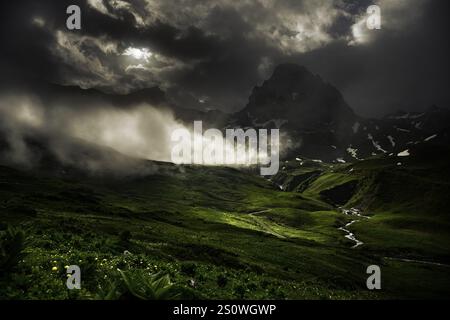 Peaks in the morning light and alpine landscape with dramatic clouds, Lech, Lechquellengebirge, Vorarlberg, Austria, Europe Stock Photo