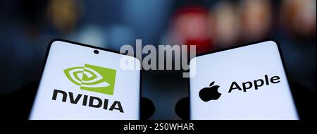 Apple and Nvidia logo is displayed on smartphone. Stock Photo