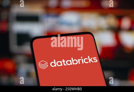 Databricks logo is displayed on smartphone. Databricks Inc is a global data, analytics and artificial intelligence (AI) company. Stock Photo