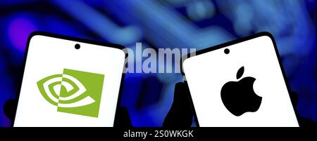 Apple and Nvidia logo is displayed on smartphone. Stock Photo