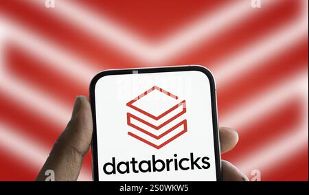 Databricks logo is displayed on smartphone. Databricks Inc is a global data, analytics and artificial intelligence (AI) company. Stock Photo