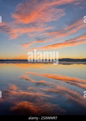 A peaceful sunset scene with vivid orange and pink clouds mirrored on a calm lake. Stock Photo