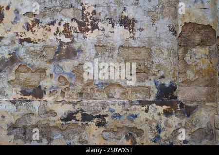 Faded and peeling paintwork on rendered wall of old building in Mdina, Malta Stock Photo