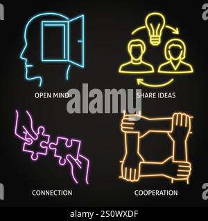 Collaboration and support neon icon set. Open mind, share ideas, cooperation symbols. Vector illustration Stock Vector
