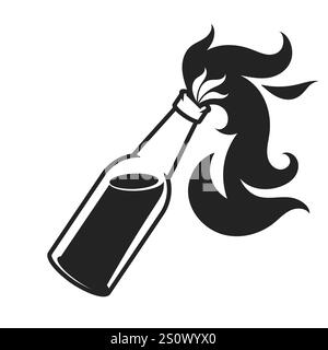 Burning molotov cocktail bottle icon or logo. Modern comic style black and white vector illustration. Stock Vector