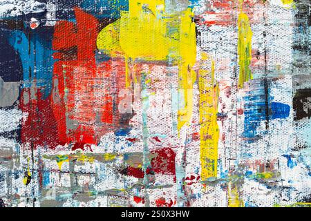 Macro close-up of an abstract, messy, bright and colorful acrylic paint background. High resolution full frame textured canvas background. Stock Photo