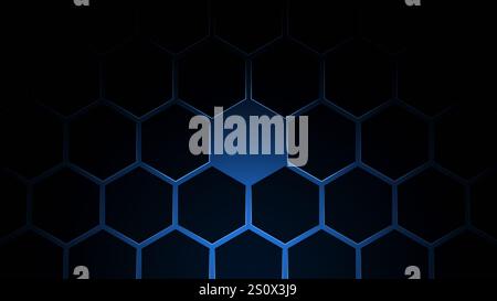 Black hexagon grid pattern on blue background, bright light coming from below. Technology, connection and data concept. Abstract & modern background. Stock Photo
