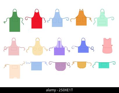 Set of Aprons technical fashion illustration. Chef uniform for cooking cartoon Flat sketch outline apparel template front view. Women, men unisex CAD mockup isolated on white background Stock Vector