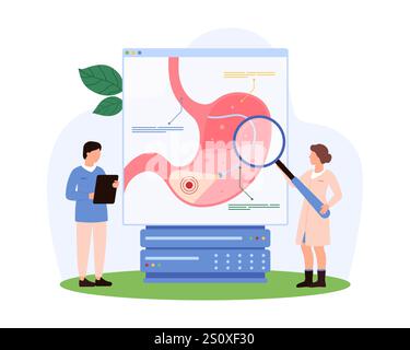 Medical professionals examining details of digestive system with a magnifying glass, discussing and annotating various parts, emphasizing collaboration and research vector illustration. Stock Vector