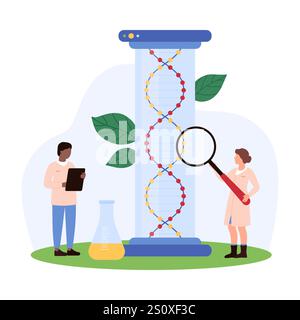 Scientists examining DNA strands within a test tube environment, with a researcher using a magnifying glass and holding a clipboard, highlighting innovation in genetic testing vector Illustration Stock Vector