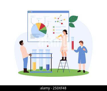 Scientists conducting experiments and analyzing results, using charts and graphs to interpret data and make informed decisions in a laboratory setting, vector illustration. Stock Vector