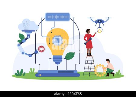 Success of digital project and creative idea, AI assistance in analysis. Tiny people and robot assistant with cloud connection work on study light bulb inside lab equipment cartoon vector illustration Stock Vector