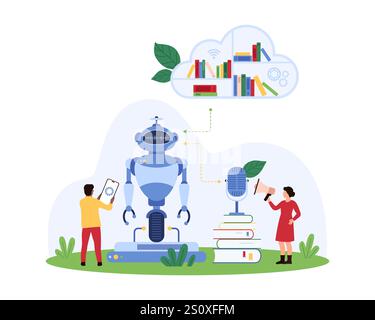Machine learning, AI assistant training using cloud data storage and library. Tiny people teach robot with help of voice commands, books from digital shelf and mobile app cartoon vector illustration Stock Vector