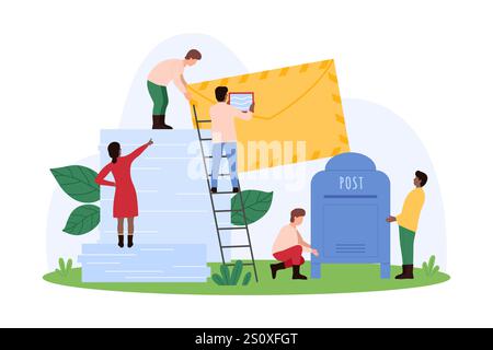 Posts delivery of letters and advertisements to mailbox, digital messages and email. Tiny people hold stamp and yellow envelope to mail letter with information to address cartoon vector illustration Stock Vector