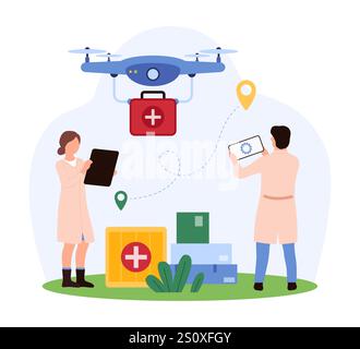 Doctors using a drone to deliver medical supplies, enhancing efficiency and accessibility of healthcare resources in various locations vector illustration. Stock Vector
