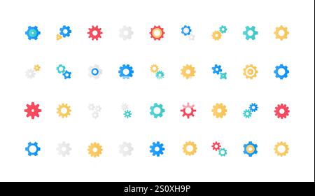 Gears of effective operation process, component and part of machine engine, mechanical equipment color icon set. Different cog wheels, two and three connection flat elements vector illustration Stock Vector