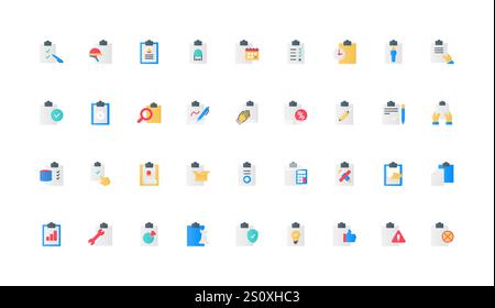 Clipboard, checklist form with ticks on paper sheet color icon set. Human hands with board, pen to register survey data and task, write and record notes in document flat elements vector illustration Stock Vector