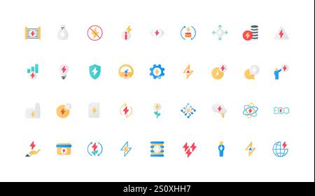Power energy plant and eco technology, electric charger color icon set with lightning and arrow sign. Alert of fast bolt stroke and flash, lightening, gear and fuel flat elements vector illustration Stock Vector