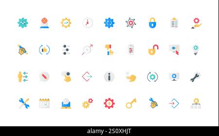 Gears of operation and settings control, setup management on panel with equalizer color icon set. Data modification, update and download, human finger on slider flat elements vector illustration Stock Vector