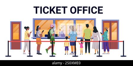 People buying cinema tickets queue flat colorful illustration. Diverse ...
