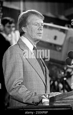 United States President-elect Jimmy Carter holds a post-election press conference in Plains, Georgia on November 3, 1976. Credit: Benjamin E. 'Gene' Forte/CNP Stock Photo