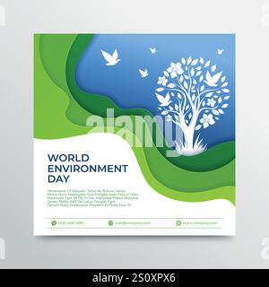 World Environment Day Banner or Poster with paper cut and tree silhouette vector design Stock Vector