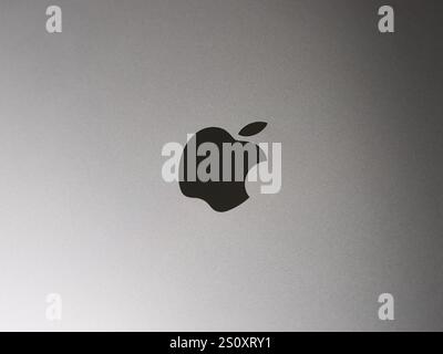 Apple logo sign on a MacBook Pro in the Space Gray. Close up of the dark icon in the aluminum body. High quality technology product from a US company. Stock Photo