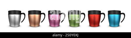Tumbler cup set with black handles in varied metallic finishes - silver, bronze, pink, green, red and blue surface colors. 3D realistic travel mugs with secure lids and insulated thermal walls. Stock Vector