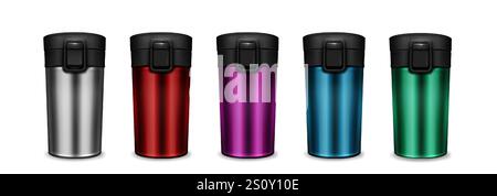 Tumbler cup set in metallic textures - silver and red, pink and blue, green. Identical vacuum flasks with secure black flip top lids. Insulated beverage containers for maintaining drink temperature. Stock Vector