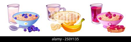 Cereal breakfasts set isolated on white background. Vector cartoon illustration of oatmeal bowls with blueberry, banana, raspberry, toast with jam, glass of milk, coffee or fruit beverage, menu icons Stock Vector