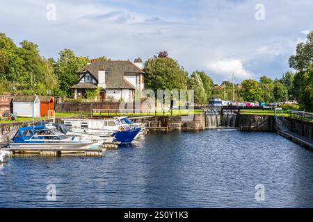 Bowling, West Dunbartonshire, Scotland, UK - September 18, 2023: Boats in Bowling Harbour Stock Photo