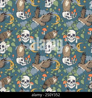 Seamless pattern with hand drawn inky eagle owls sitting on human skulls Stock Vector
