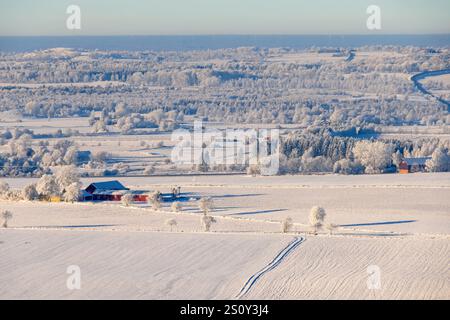 Aerial view of a snowy rural farmstead with frost-covered trees and ...