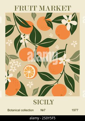 Abstract Fruit Market Sicily retro art poster. Stock Vector