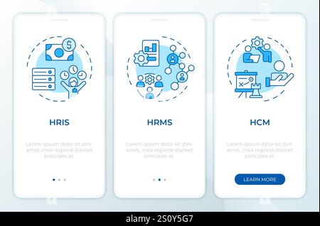 HRMS vs HRIS vs HCM blue onboarding mobile app screen Stock Vector