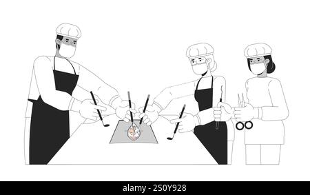 Surgical team in scrubs performing operation black and white 2D line characters Stock Vector