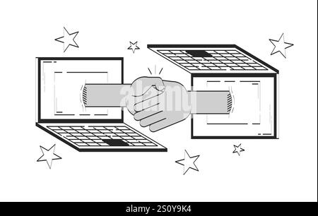 Virtual handshake connecting two laptops doodle line illustration concept Stock Vector