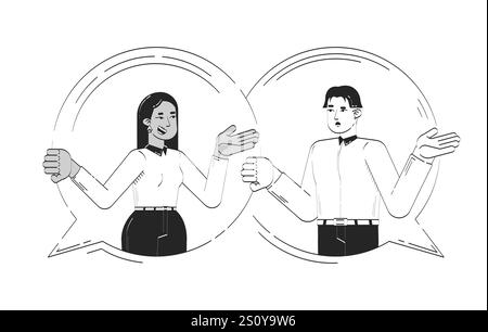 Dialogue between diverse colleagues in speech bubbles doodle line illustration concept Stock Vector