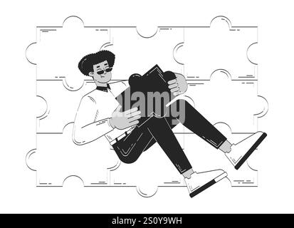 Employee playing individual role in completing puzzle doodle line illustration concept Stock Vector