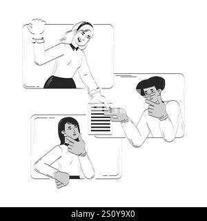Virtual team collaborating through online interaction doodle line illustration concept Stock Vector