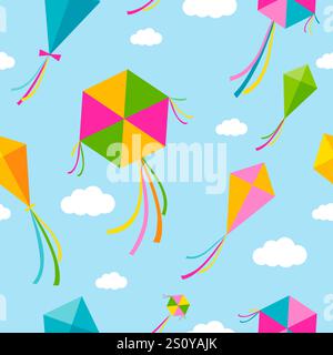 Colorful kites background and clouds in the sky. Seamless pattern with beautiful kites fly in the blue sky. Vector illustration Stock Vector