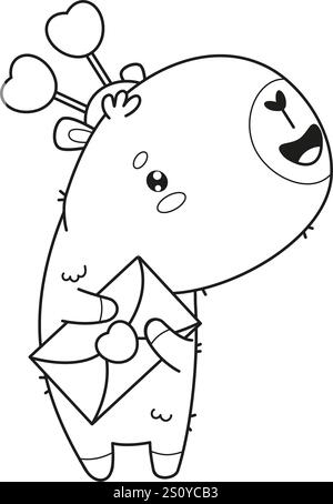 Outline Adorable cartoon capybara holding love letter with heart. Cute romantic kawaii character animal. Line drawing, coloring book. Vector Stock Vector