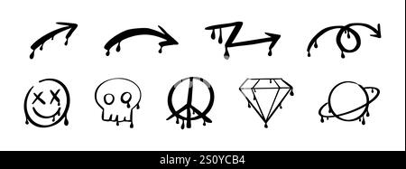 Graffiti y2k groovy tattoo hand drawn paint with splatter street drawing. Heart, smile arrow elements, ink print. Trendy splash brush illustrations. Vector illustration Stock Vector